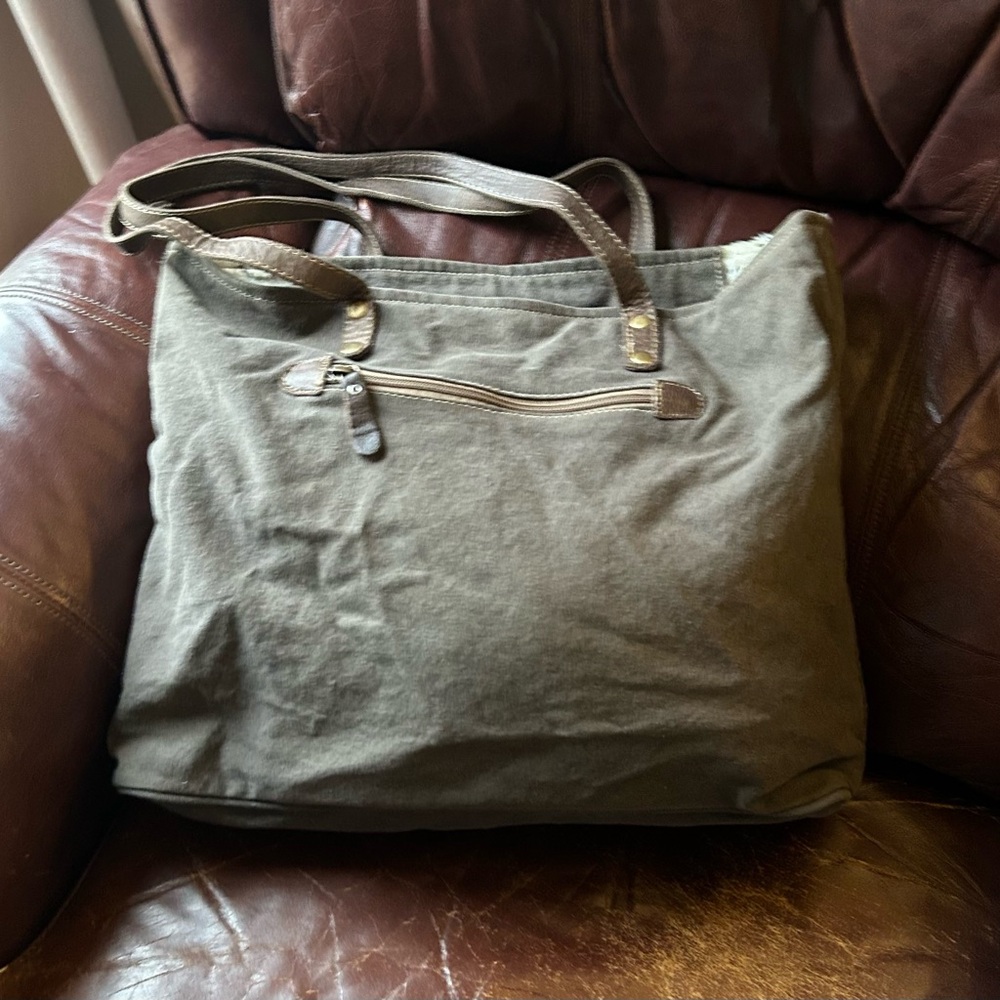 Myra Bag Cowhide, Leather and canvas tote Brown and turquoise Patterned Tote - Picture 2 of 9